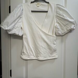 Maeve White Wrap Top with Puff Sleeves